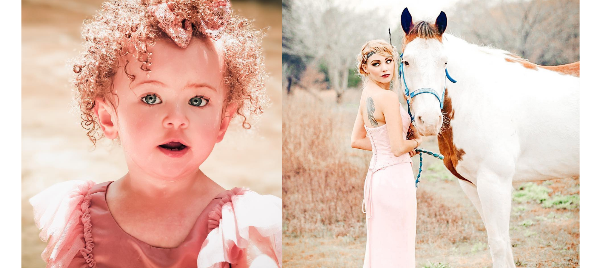 Detail photo of a little girl and a pportrait of a bride posing with a white horse 