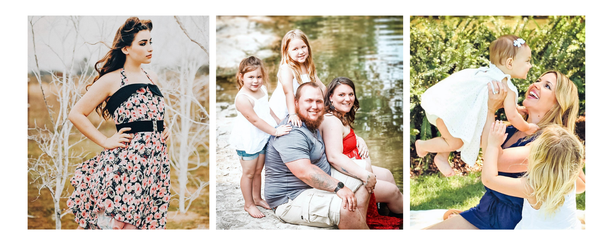 Vintage style photo of a woman, family posing by the lake, and a mommy and me photo session